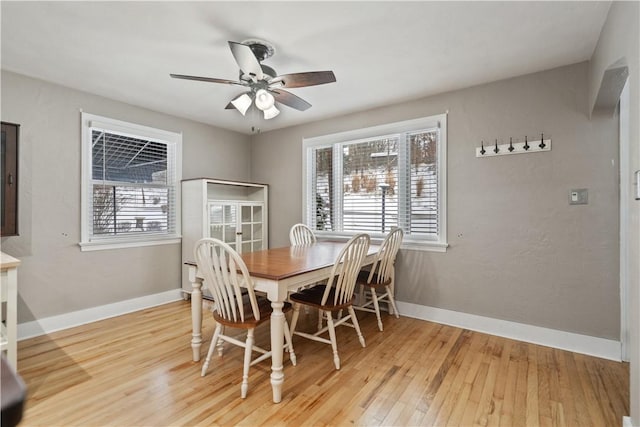 dining area with ceiling fan and light hardwood / wood-style floors