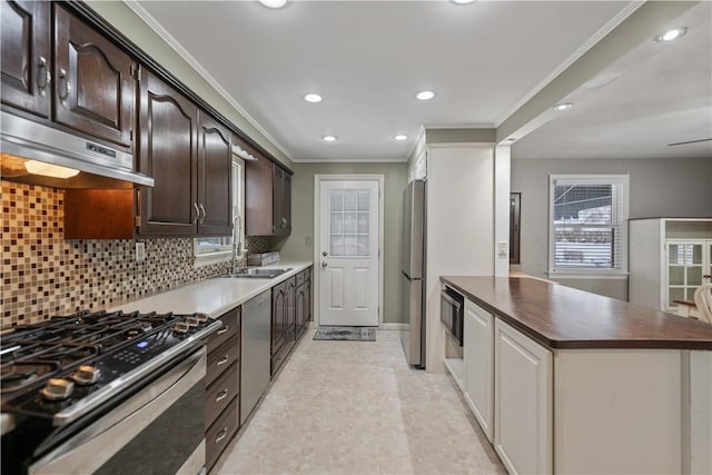 kitchen featuring dark brown cabinetry, sink, stainless steel appliances, backsplash, and exhaust hood