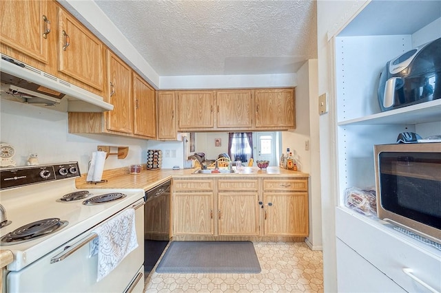 kitchen featuring sink, white electric range oven, dishwasher, and a textured ceiling