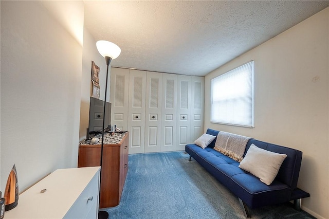 sitting room featuring dark carpet and a textured ceiling