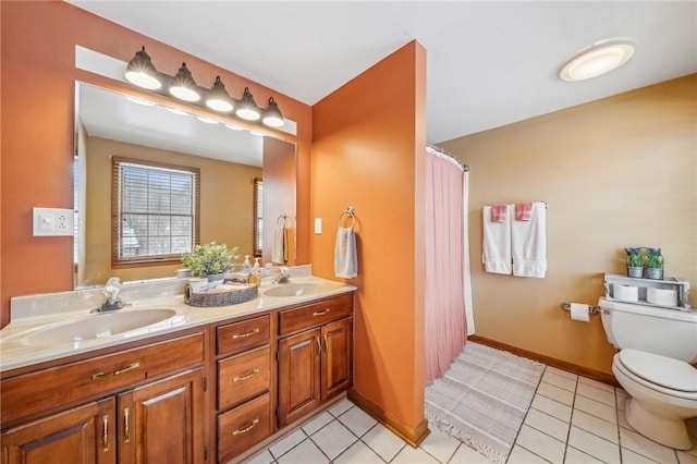 bathroom with toilet, tile patterned flooring, and vanity