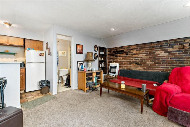 living room with a textured ceiling, heating unit, light carpet, and lofted ceiling