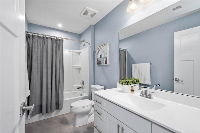 full bathroom with toilet, shower / bath combination with curtain, and vanity