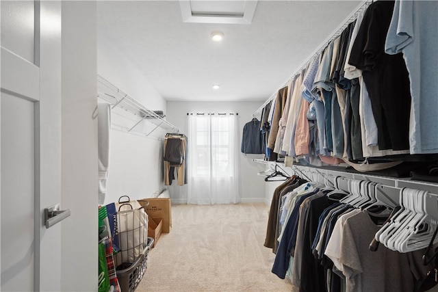 walk in closet featuring light colored carpet