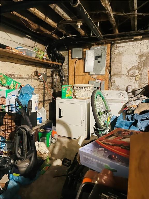 interior space with electric panel and washer and clothes dryer