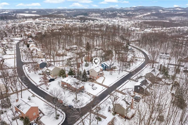 snowy aerial view with a mountain view