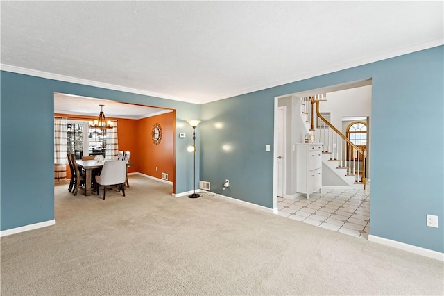 interior space with crown molding, light carpet, and an inviting chandelier