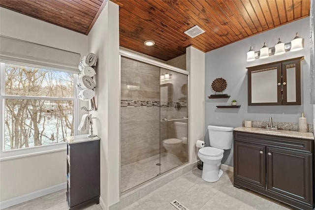 bathroom featuring vanity, toilet, a shower with door, and wood ceiling