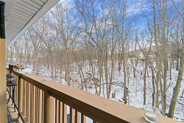 view of snow covered back of property