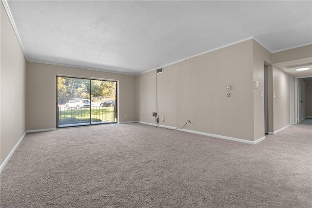 unfurnished room featuring light colored carpet and ornamental molding