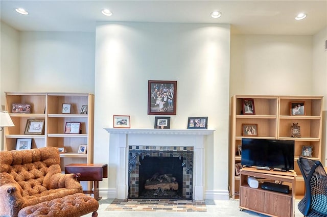 living room with a fireplace