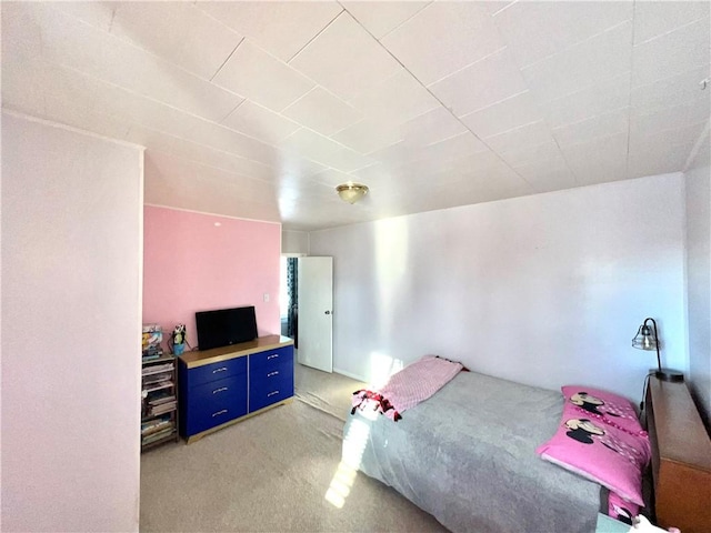 bedroom with light colored carpet