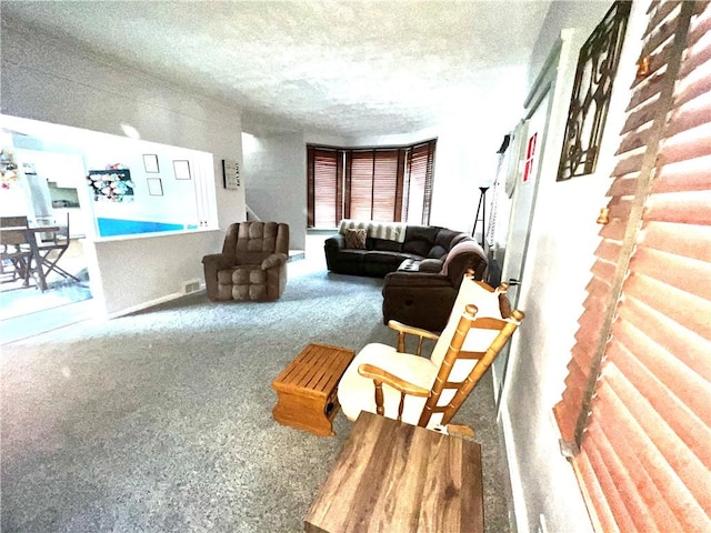 carpeted living room with a textured ceiling