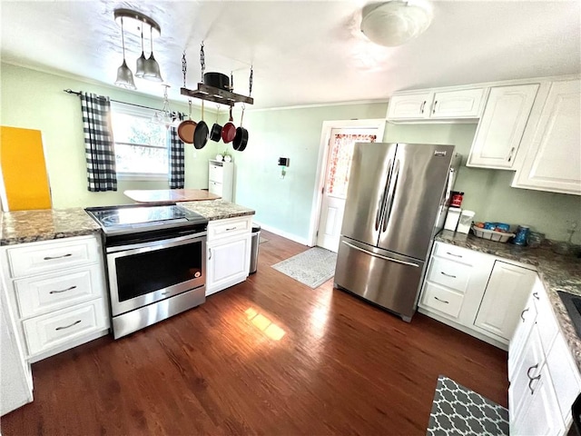 kitchen featuring white cabinetry, stainless steel appliances, dark hardwood / wood-style floors, and decorative light fixtures