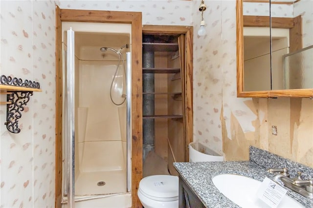 bathroom with vanity, toilet, and a shower with door