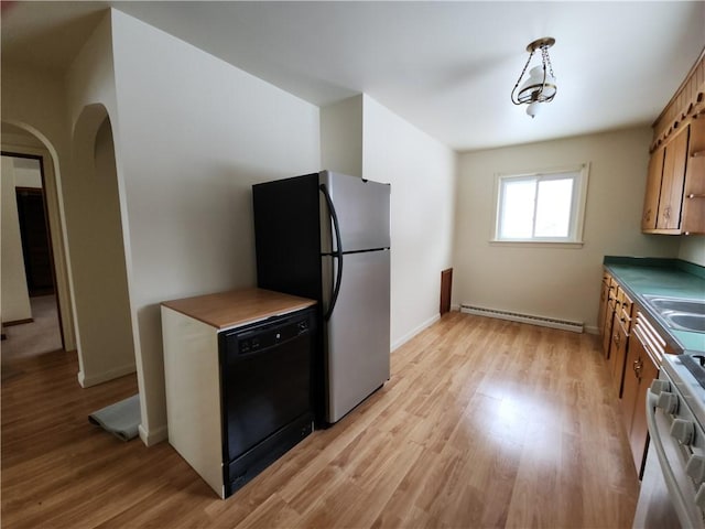 kitchen featuring stove, a baseboard radiator, light hardwood / wood-style flooring, dishwasher, and stainless steel refrigerator