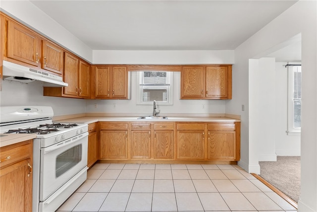 kitchen with light colored carpet, white gas stove, and sink