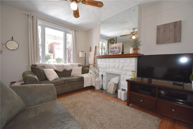 living room featuring ceiling fan and wood-type flooring