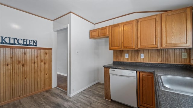 kitchen featuring wood walls, sink, white dishwasher, and dark hardwood / wood-style floors