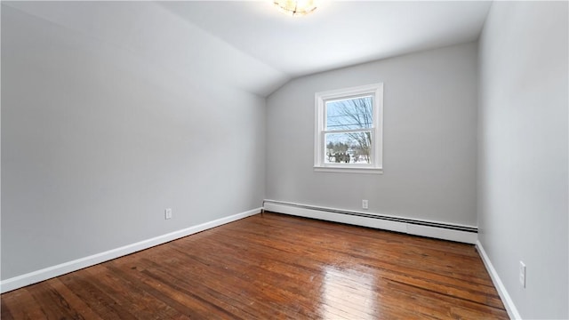 bonus room featuring wood-type flooring, a baseboard radiator, and lofted ceiling