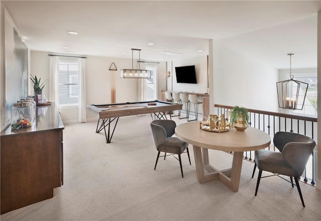 game room featuring light colored carpet and pool table