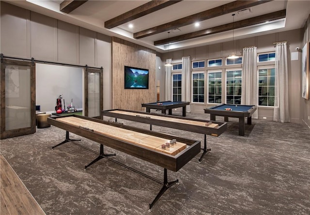 playroom featuring a barn door and billiards