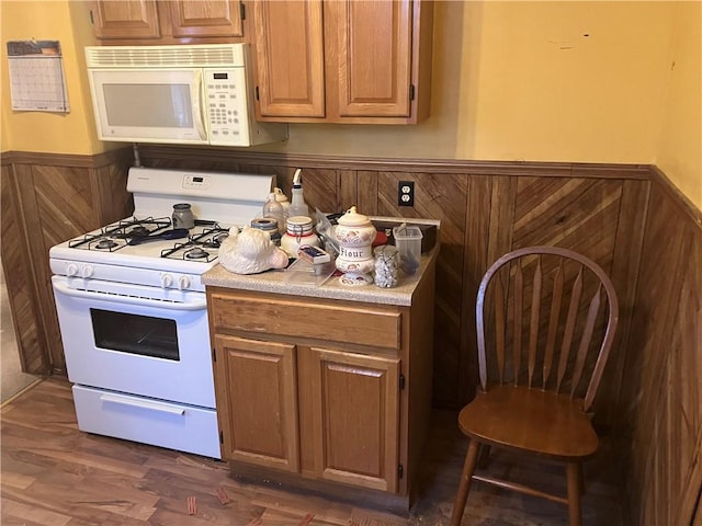 kitchen with dark hardwood / wood-style floors and white appliances