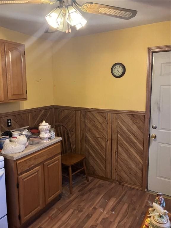 kitchen with ceiling fan and dark wood-type flooring