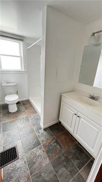 bathroom with vanity, toilet, and walk in shower