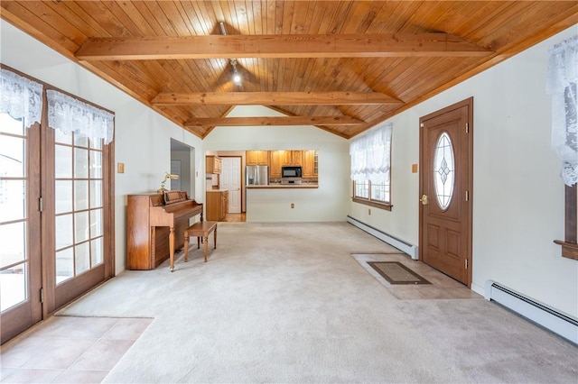 entryway featuring wood ceiling, light colored carpet, and a baseboard radiator