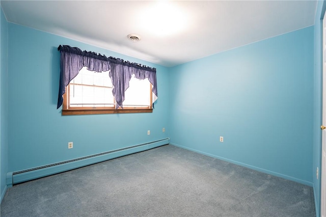 carpeted empty room with a baseboard radiator