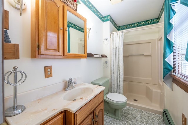 bathroom with curtained shower, baseboard heating, tile patterned flooring, toilet, and vanity