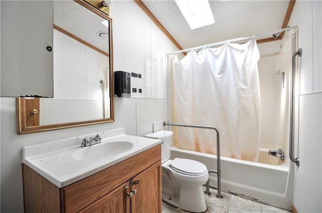 full bathroom featuring vanity, shower / bath combination with curtain, toilet, and lofted ceiling with skylight