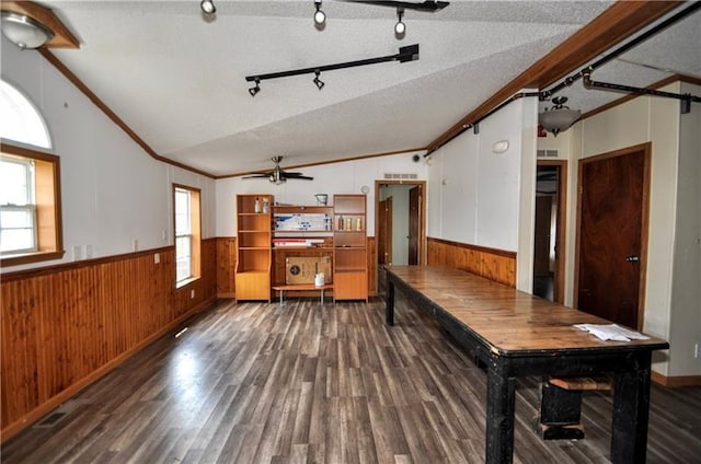 interior space with a textured ceiling, ceiling fan, a healthy amount of sunlight, and lofted ceiling