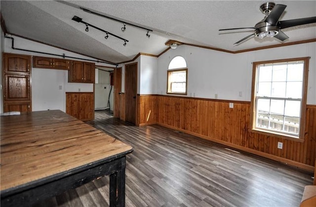 kitchen with lofted ceiling, dark wood-type flooring, ceiling fan, ornamental molding, and a textured ceiling