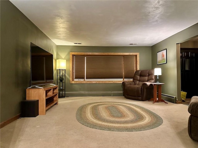 home theater featuring light carpet