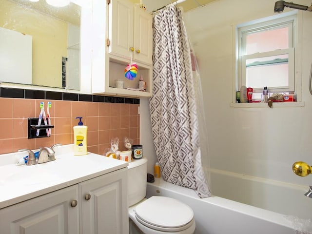 full bathroom with backsplash, vanity, shower / bathtub combination with curtain, and toilet