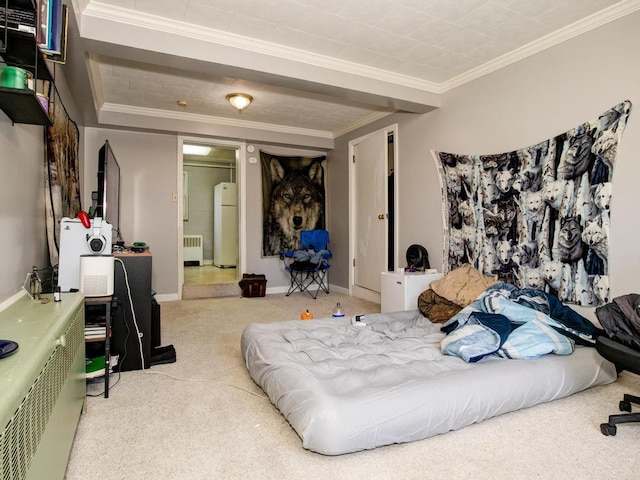 carpeted bedroom featuring white refrigerator, crown molding, and radiator