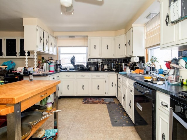 kitchen with dishwasher, white cabinets, sink, ceiling fan, and gas stove