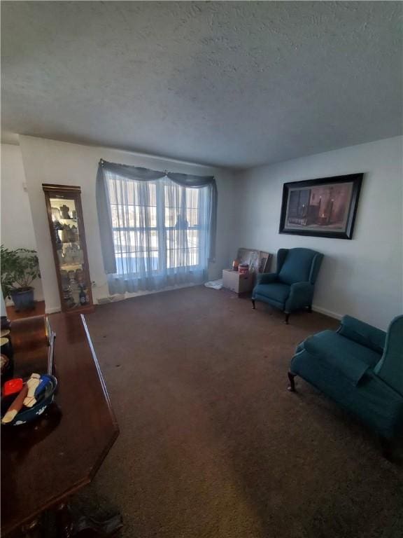 carpeted living room featuring a textured ceiling