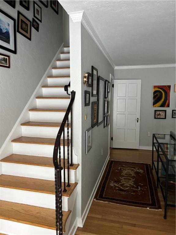 entryway with wood-type flooring and crown molding