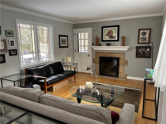 living room featuring crown molding, wood-type flooring, and a stone fireplace