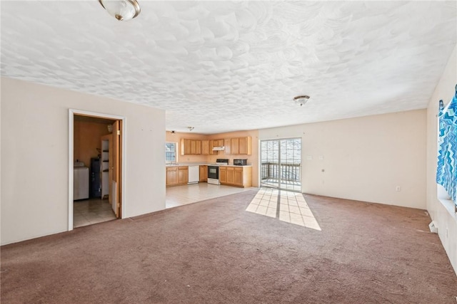 unfurnished living room with washer / clothes dryer, light colored carpet, and a textured ceiling