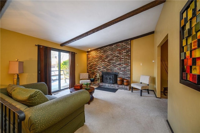 carpeted living room with a wood stove and vaulted ceiling with beams