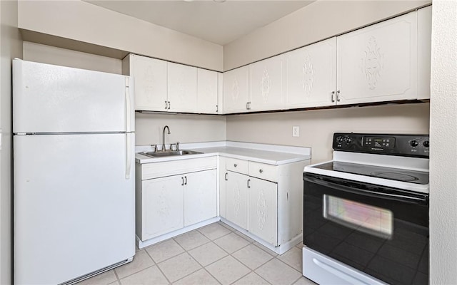 kitchen featuring white cabinetry, sink, white fridge, electric stove, and light tile patterned floors