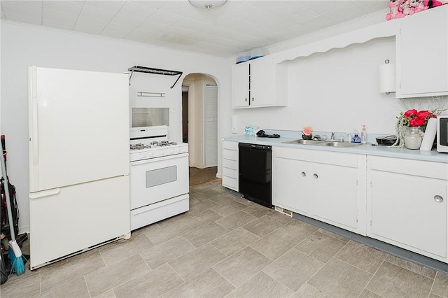 kitchen with white appliances, white cabinetry, ornamental molding, and sink