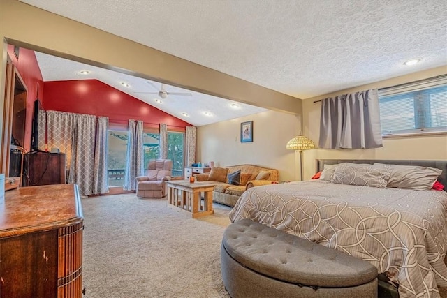 bedroom featuring carpet flooring, lofted ceiling with beams, and a textured ceiling