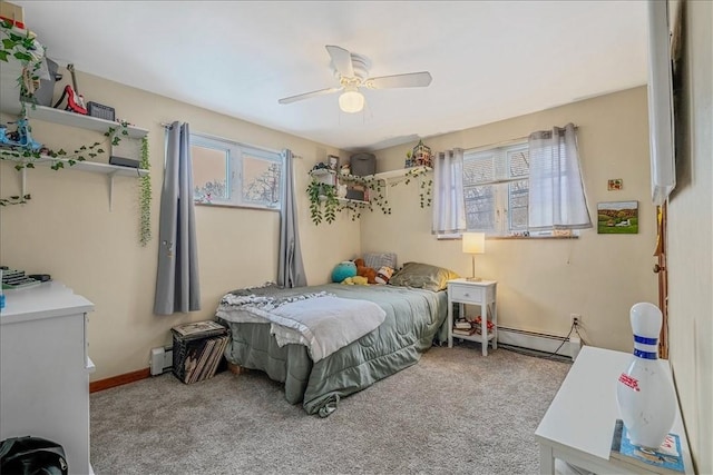 carpeted bedroom with a baseboard radiator and ceiling fan