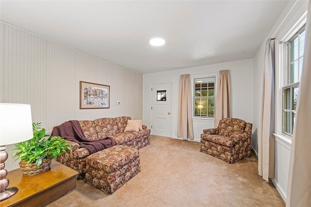 living room featuring light carpet