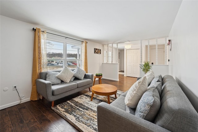 living room featuring dark wood-type flooring